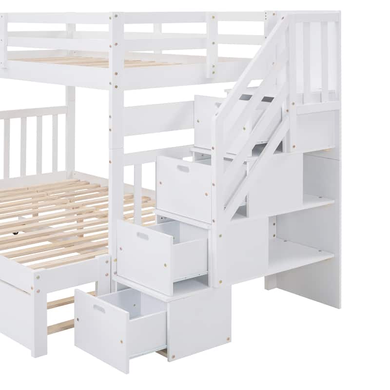 Twin Over Twin/Full Bunk Bed with Trundle and Storage Drawers, Solid Pine Wood, Staircase Access