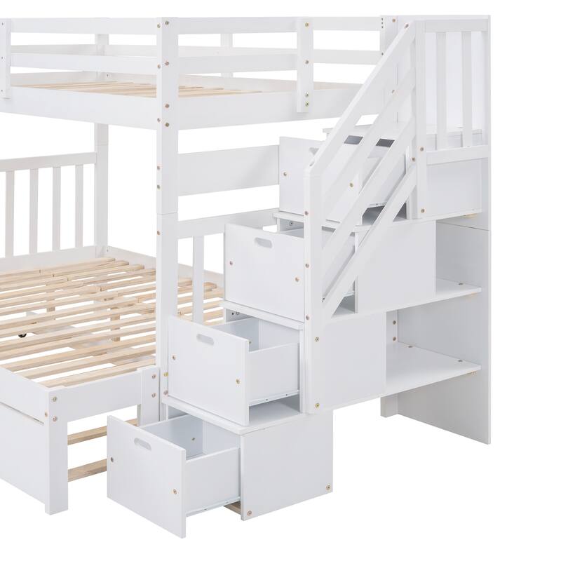 White Twin Over Full Bunk Bed with Twin Trundle and Storage Drawers