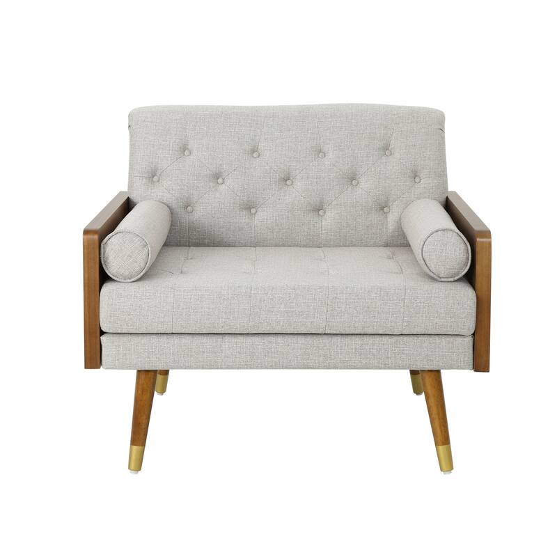 Modern 37.75" Upholstered Button Tufted Club Chair with Rolled Accent Pillows and Wood Frame