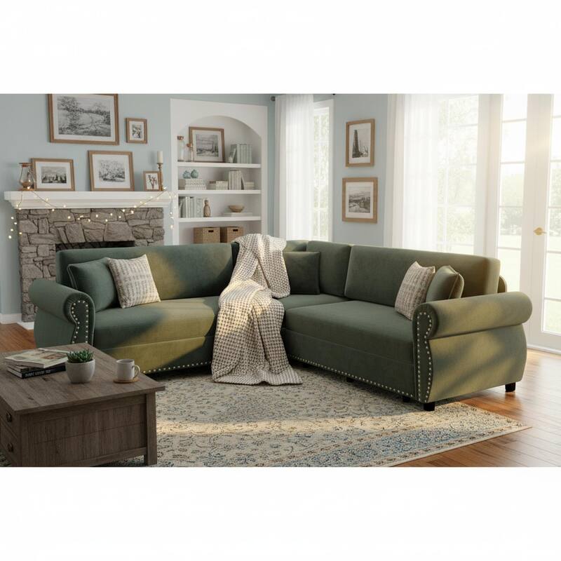 Homy Casa L-Shaped Sectional Sofa w/ Pull-Out Bed, Chenille Sleeper Couch w/ Nailhead Trim & Rolled Arm, Oversize