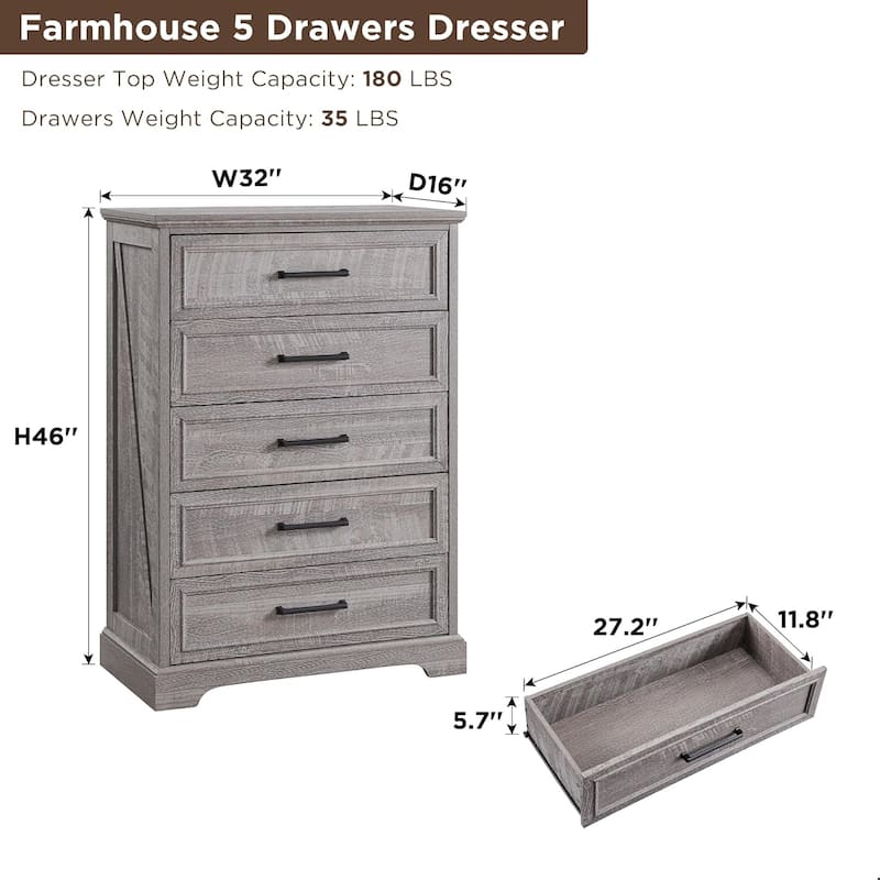 Farmhouse 5 Drawers Dresser Chests, Wood Rustic Chest of Drawers