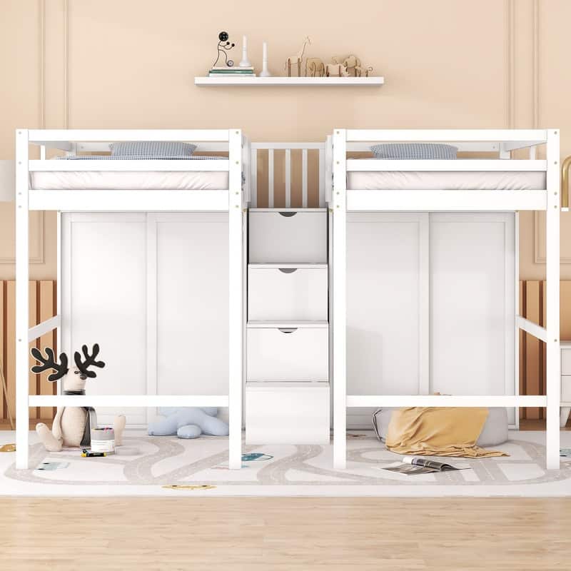 Double Twin Size Wooden Loft Bed with Wardrobes and Staircase Bed Bath & Beyond 39779735