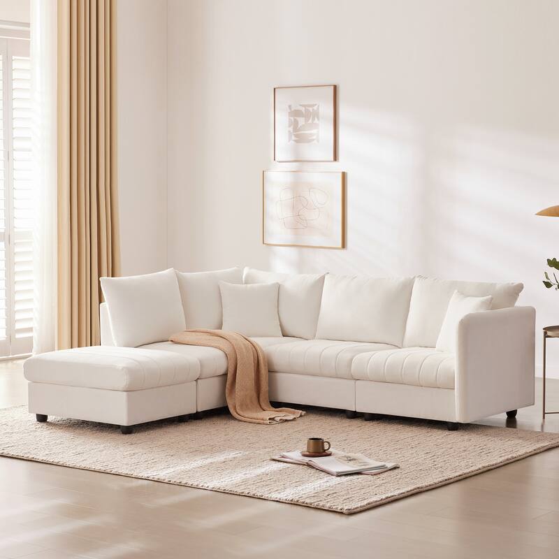 89x79" Modern 5-Seat L-Shaped Sectional Sofa with Movable Ottoman, Striped Cushions, White Polyester Upholstery