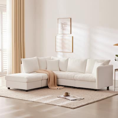89x79x32" White 5-Seat Sectional Sofa with Ottoman, Stripes, 2 Pillows, L-Shape, Living Room