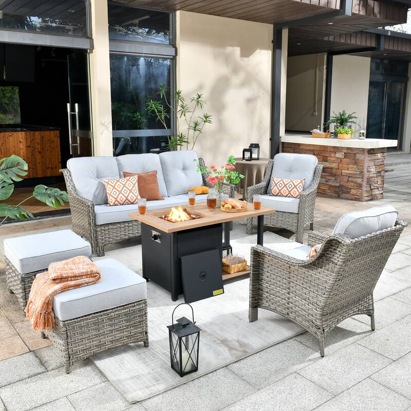 HOOOWOOO 6-piece Wicker Patio Furniture Set with Fire Pit Table - Grey
