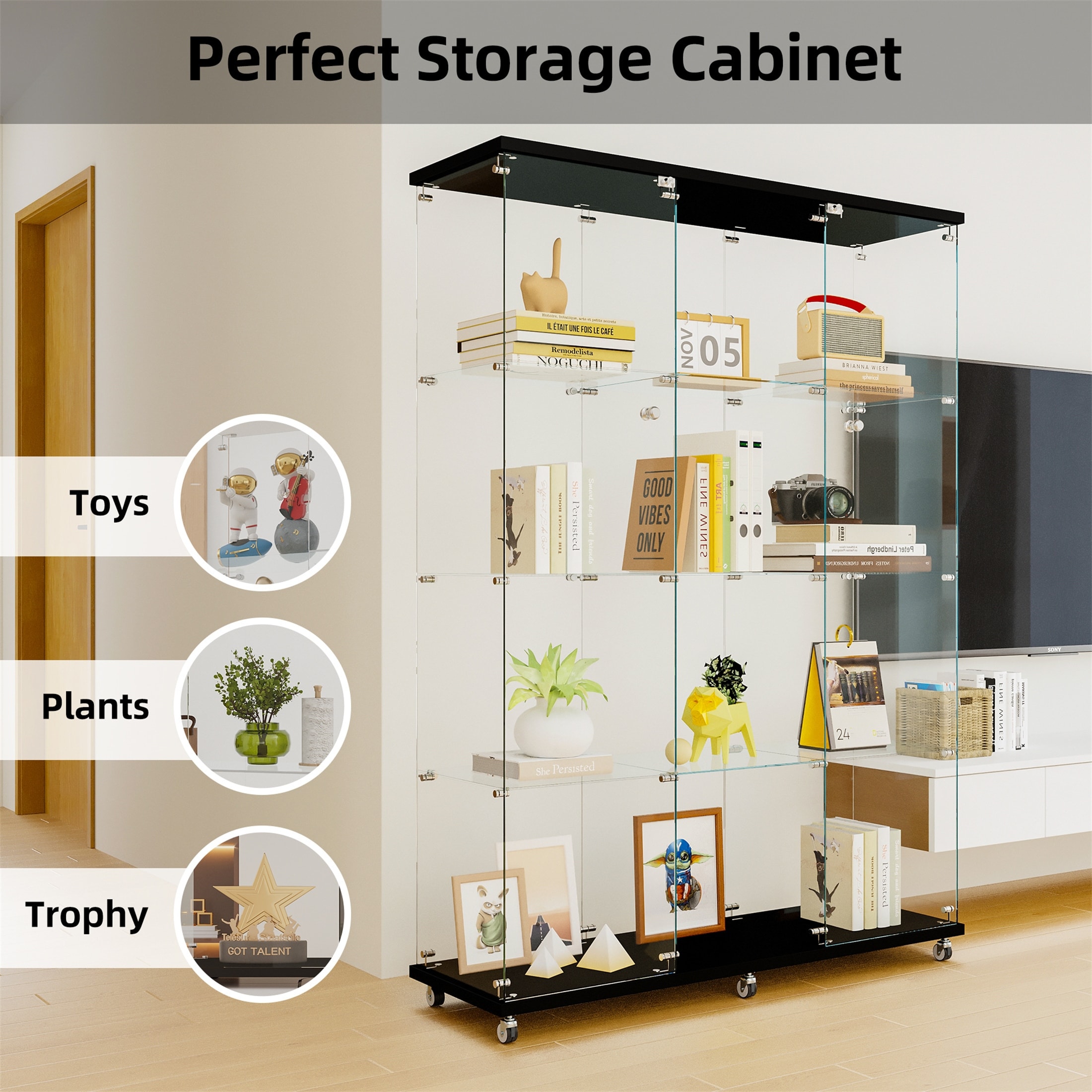 Floor Standing Glass Display Cabinet with 4 Shelves Extra Large