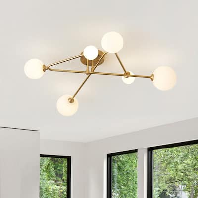 Modern 6-Light Crossing Arm Frosted Glass Globe Semi-flush Mount - Brass