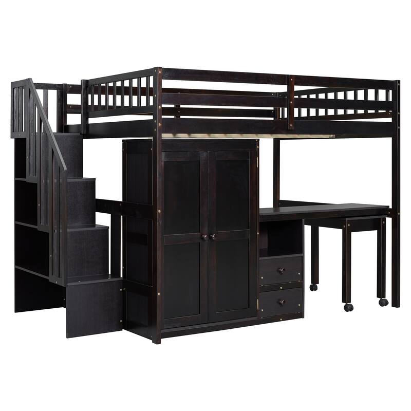 Multifunctional Full Size Loft Bed with Stairs, Bookshelf, Drawers, Desk & Wardrobe for Kids & Teens