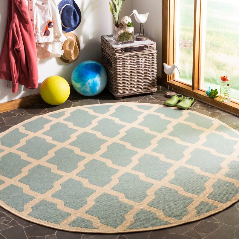 SAFAVIEH Linden Shirleyann Trellis Indoor/ Outdoor Patio Backyard Rug - 6'7" Round - Aqua/Cream