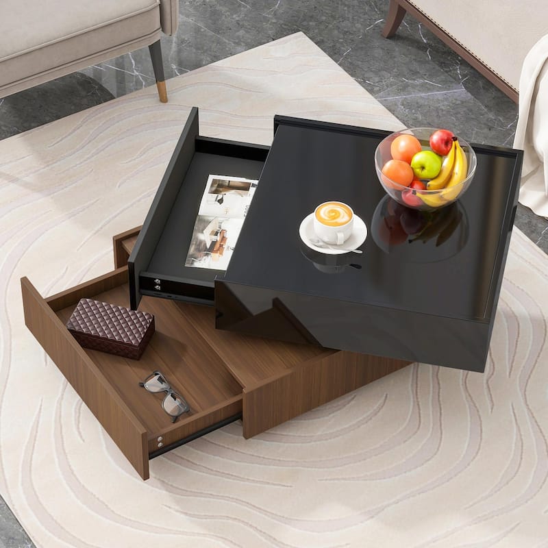 Multi-functional Square Rotating Coffee Table with Drawers and Swivel Tabletop - Black+Dark Walnut