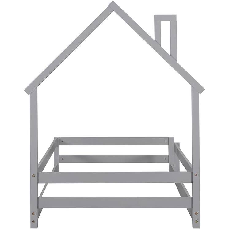 Pine Wood Floor Bed Frame with House Shaped Headboard Full-Length Guardrails Twin Size