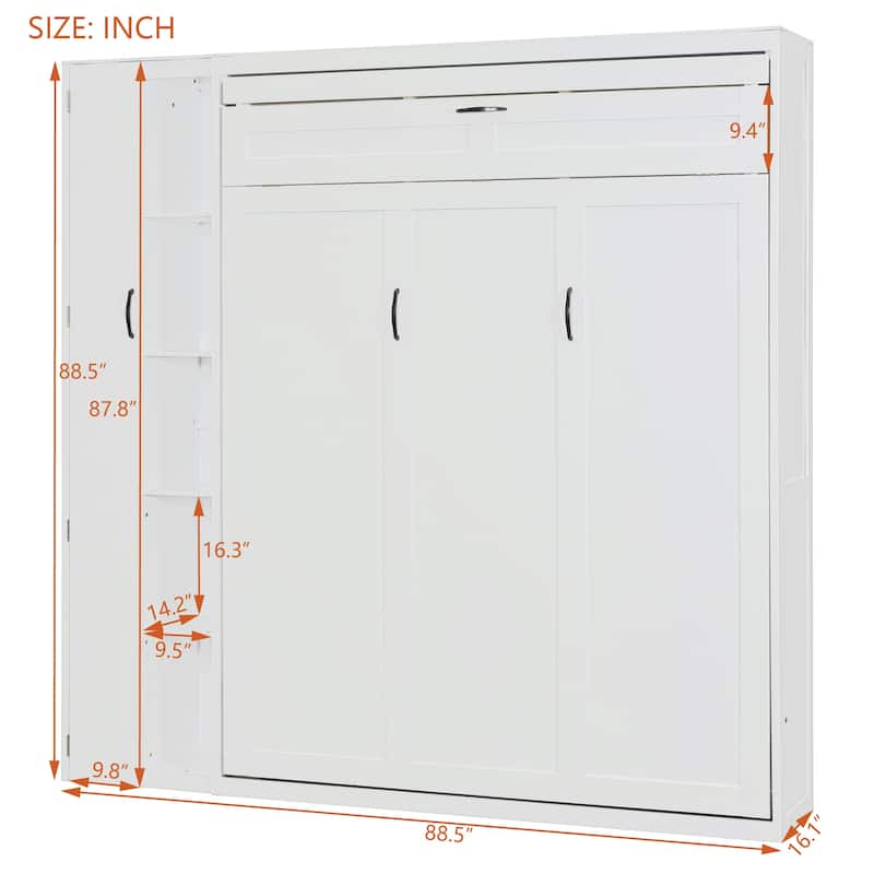 Full/Queen Size Murphy Wall Bed with Shelves, Wardrobe, LED Lights - Space-Saving Design