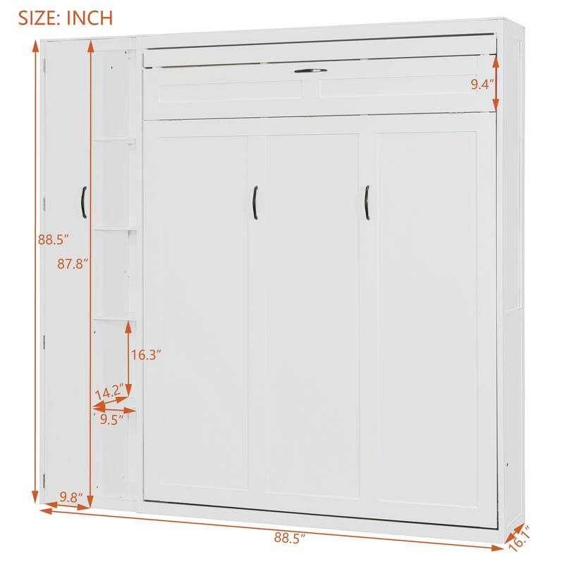 Queen Size Wall Bed with Shelves, Wardrobe, and LED Lights, Space-Saving Design