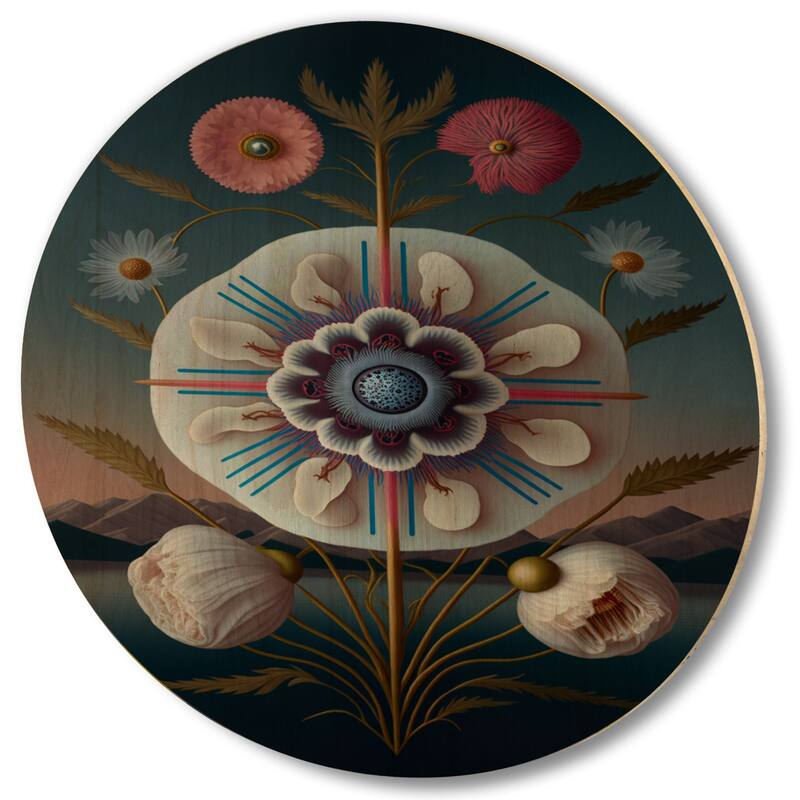 Designart "Blossoming Geometric Flower Art III" Floral Wood Wall Art - Natural Pine Wood