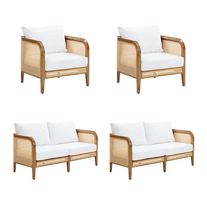 Twila Bohemian Outdoor Upholstered Rattan Patio Seating with Solid Wood Frame