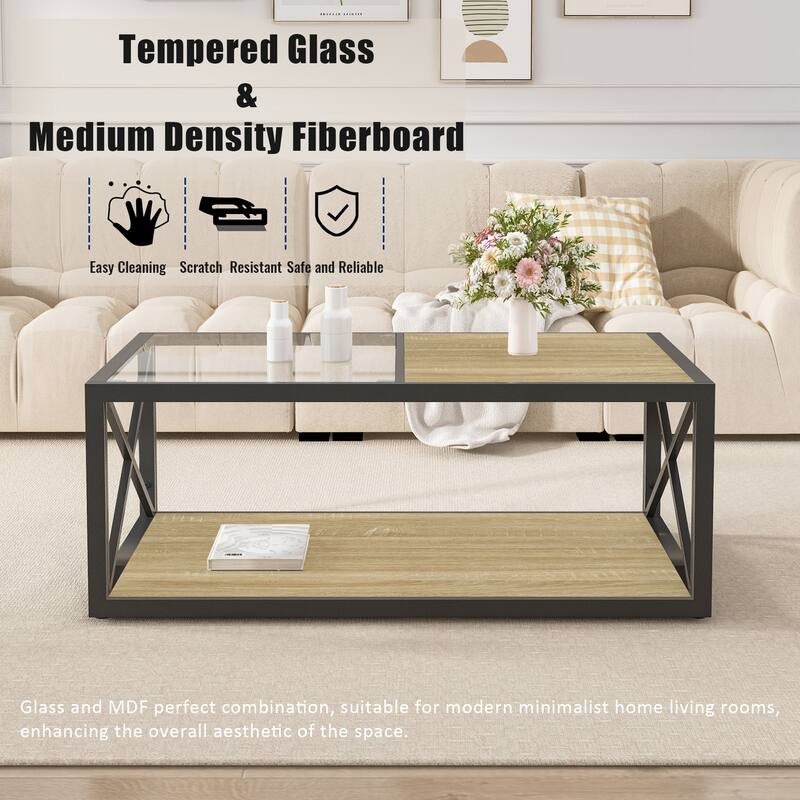 Modern Coffee Table For,Tempered Glass&Natural Wood Mdf Top,Industrial Style Coffee Table