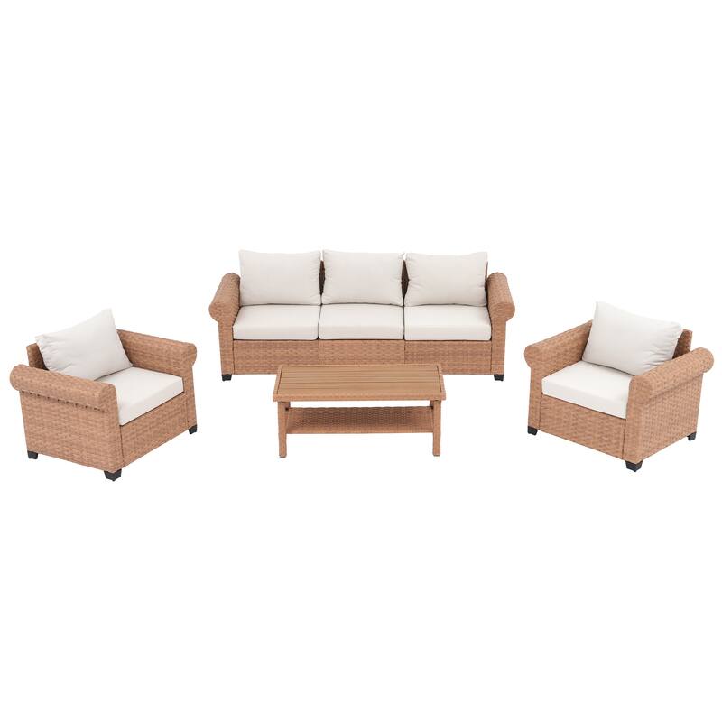 Outdoor 4-Piece Garden Patio Sofa Set, with Three-Seater Sofa