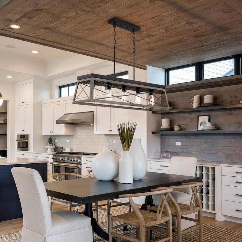 5-Light Antique Bronze Linear Kitchen Light Farmhouse Chandelier with Wood Open Frame - Brown