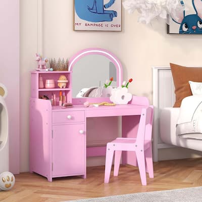 Kids Makeup Table& Chair Set Toddler Vanity Set W/2-Color LED Lights
