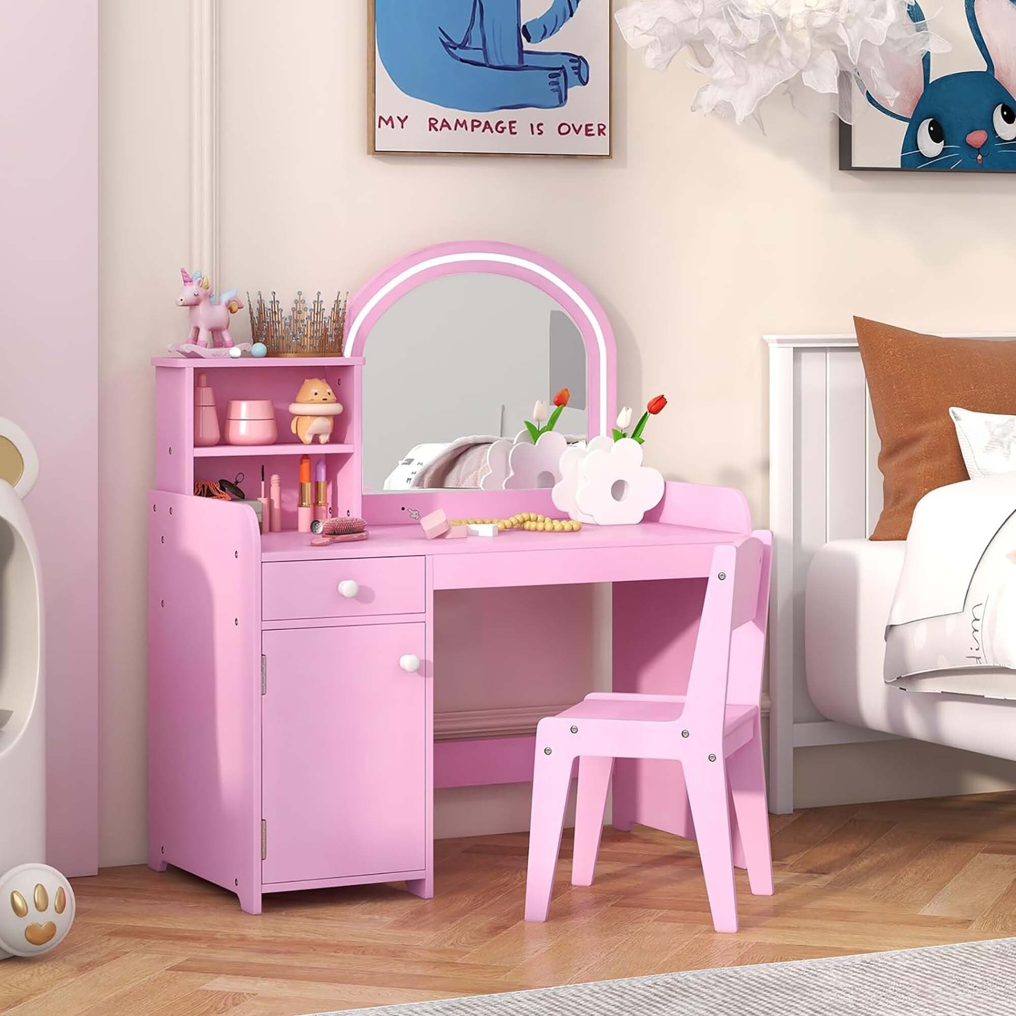 Costway Kids Vanity Table and Chair Set with Shelves Drawer and Cabinet Pink