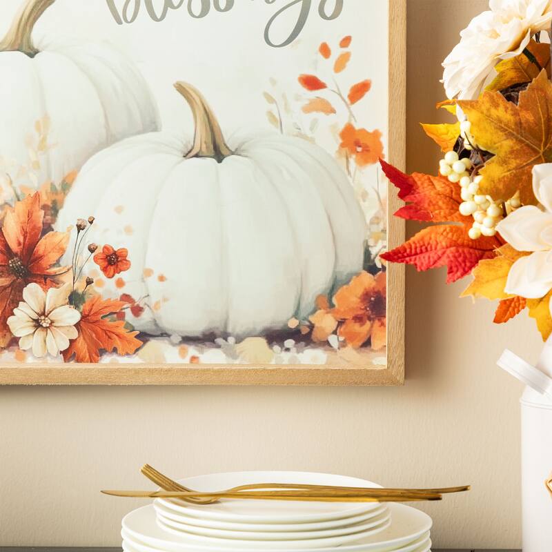 Glitzhome 15.75"H Fall Wooden Ivory Pumpkin Autumn Greeting Wall Art