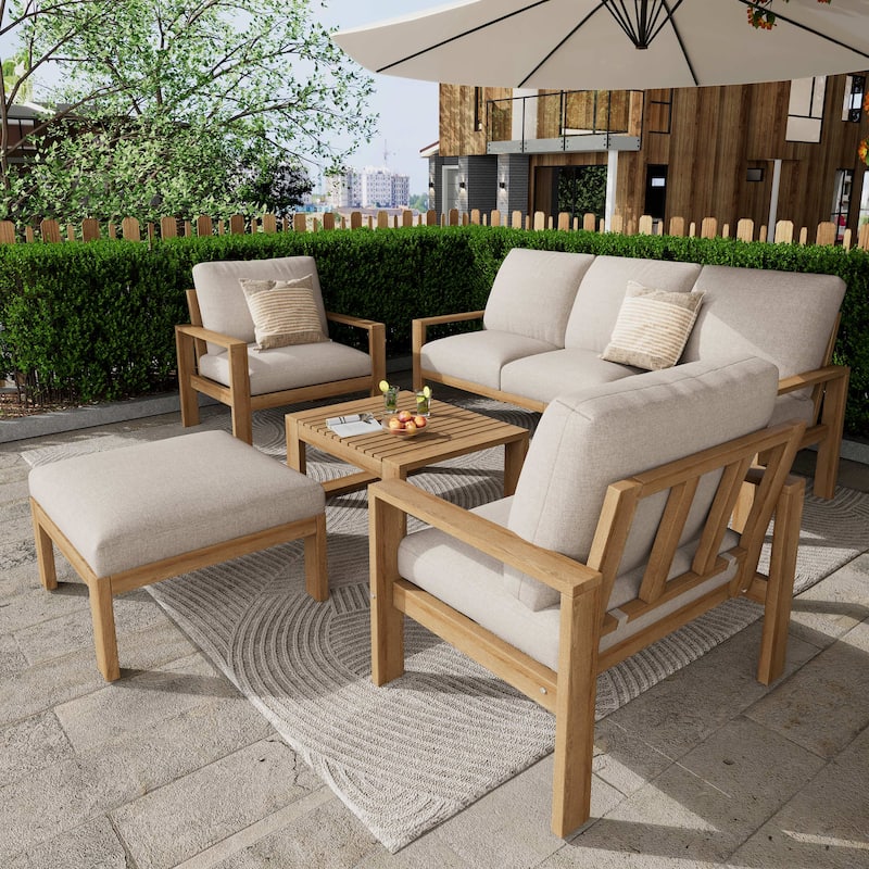 Outdoor 5-Piece Acacia Sectional Patio Sofa Set -  Light Gray,Teak