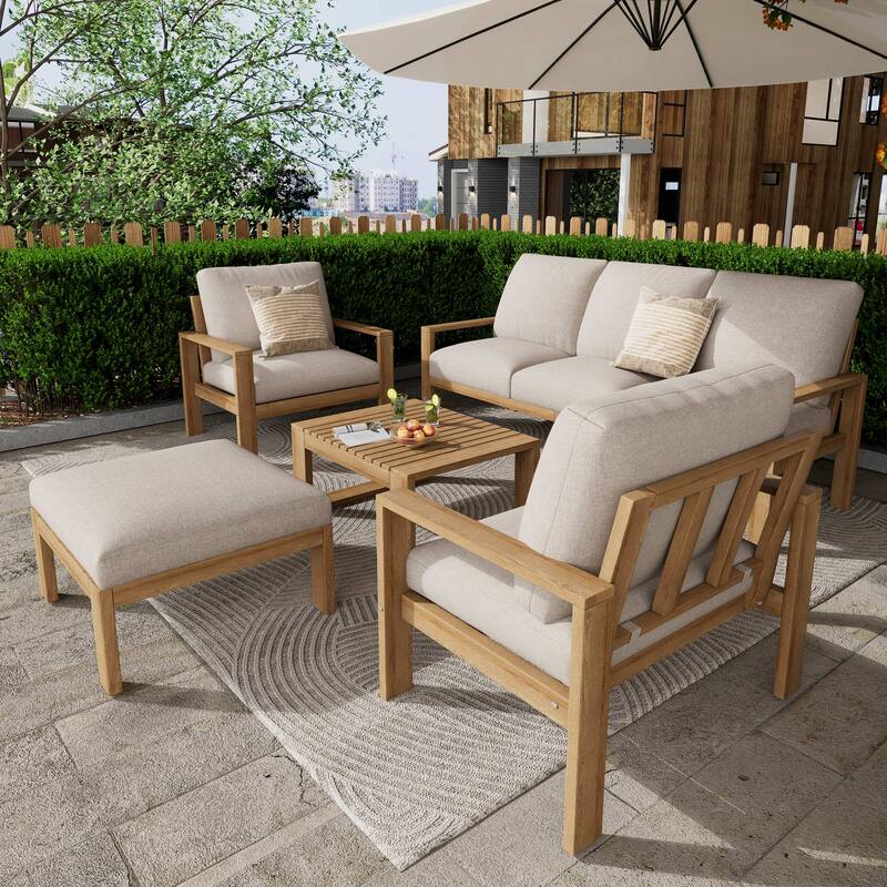 Outdoor Wood Patio Sofa Set with Water-Repellent Cushions, 3-Seater Sofa with Ottoman & Coffee Table - Light Gray,Teak