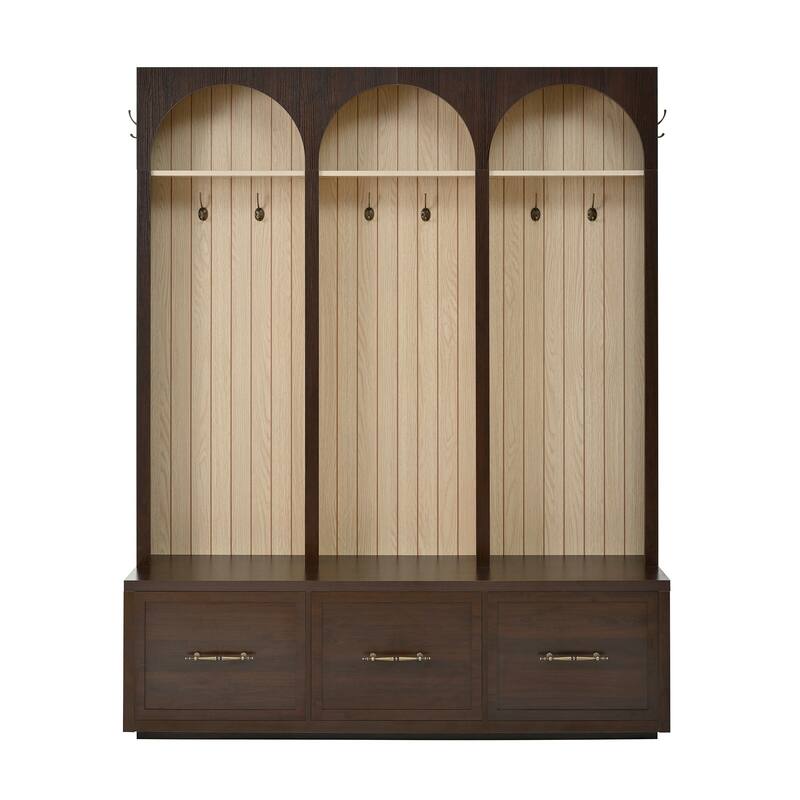 Farmhouse Wooden Style Hall Tree with Arched Design, 59" Wide Entryway Bench with 8 Retro Hooks, Coat Rack & Shoe Organizer