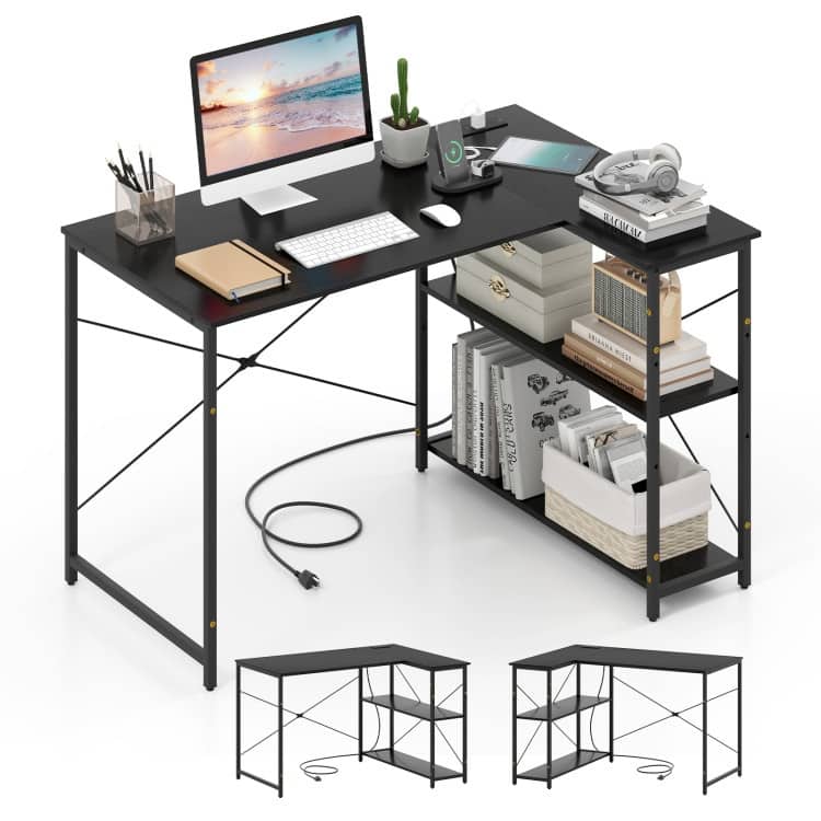 L-Shaped Engineered Wood Corner Desk with Charging Ports and Shelves