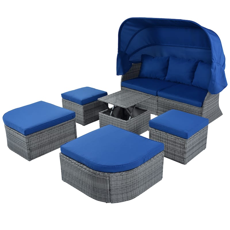 6-Pieces Outdoor Patio Rattan Round Daybed Sunbed Set with Retractable Canopy and Lift Table