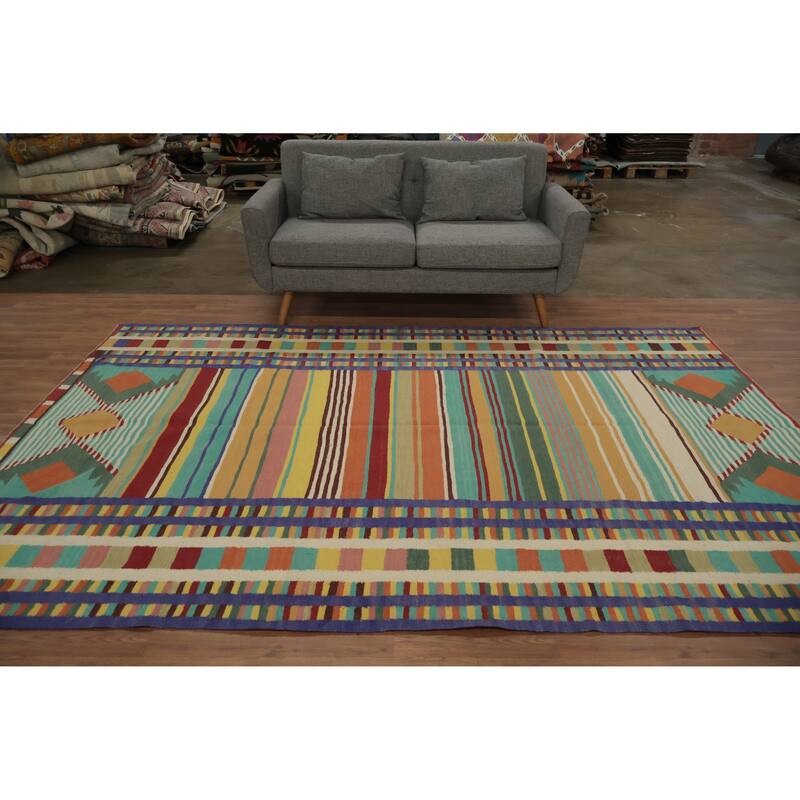 Hand Woven Oriental 100% Wool Carpet Southwestern Tribal Multi-Colored Kilim Area Rug - 9' 10'' X 6' 8''