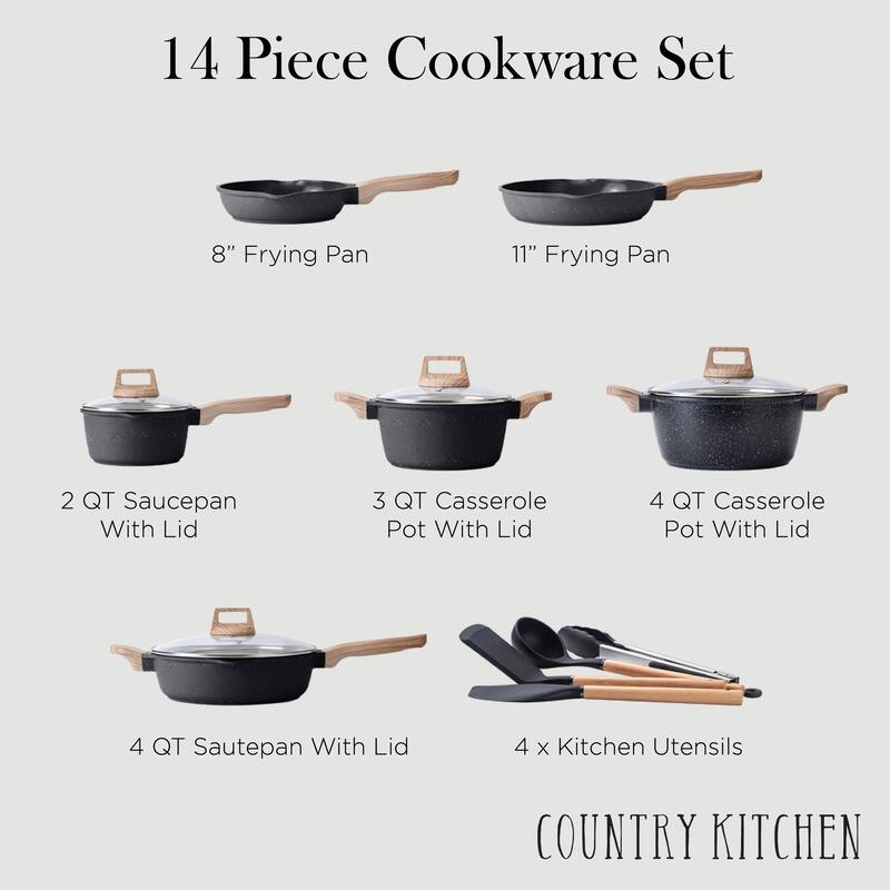 Country Kitchen 14 Piece Kitchen Cookware Set, Nonstick Cast Aluminum with Utensils, Sage