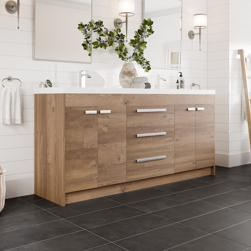 Lugano 72"W Natural Oak Freestanding Bath Vanity with Acrylic Top