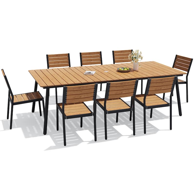 9-piece Outdoor Patio Aluminum Rectangle Dining Set with Chairs Umbrella Hole - Brown