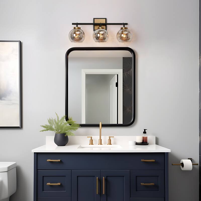 Ziv Modern 3-Light Black Gold Bathroom Vanity Lights with Mercury Globe Glass Shades