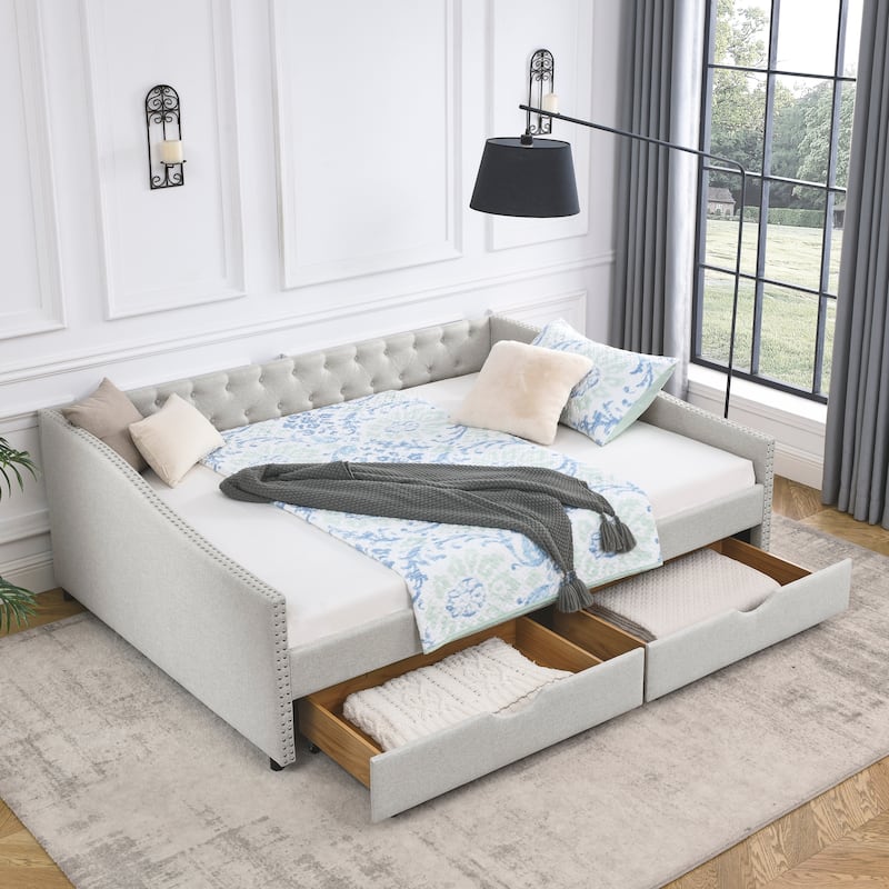 2 in 1 Pull Out Couch Bed Queen Size Daybed with Drawers Upholstered Tufted Sofa Bed,with Button on Back and Copper Nail