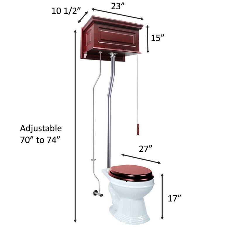 High Tank Toilet - Light Oak Wooden Flat Tank, White Elongated Bowl and Satin L Pipe Renovators Supply
