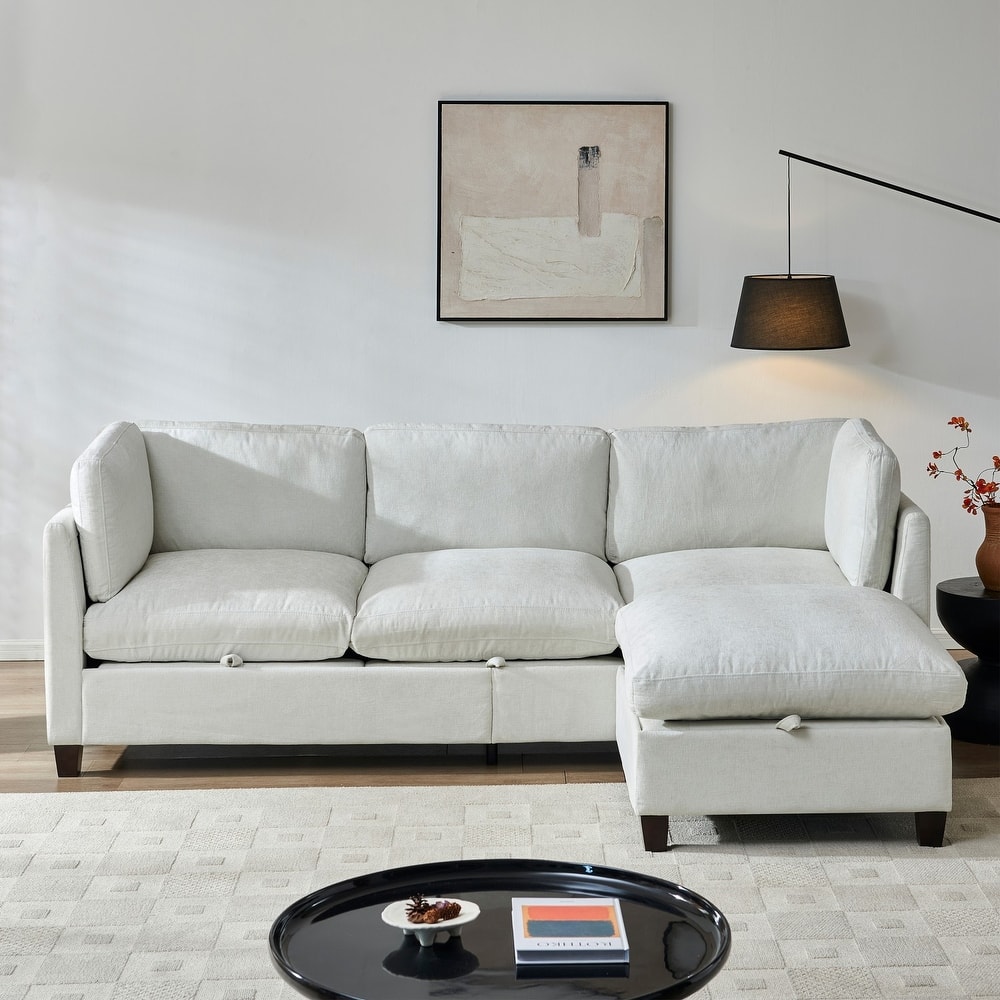 96.5" L-Shaped Chenille Sectional Sofa with Storage and Movable Ottoman