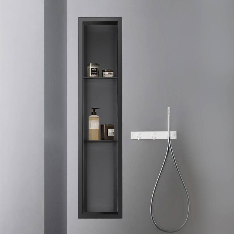 36.02"x7.87"x3.93" Black Stainless Steel Layered Rectangular Recessed Shower Niche 18 Gauge