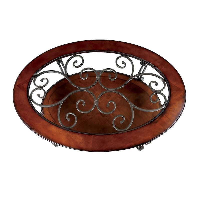 Wooden Coffee Table With Metal Frame in Brown Cherry Finish
