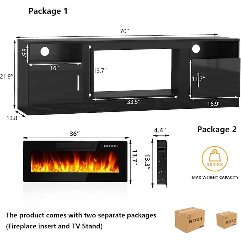 Bossin 70" Fireplace TV Stand with 36" Electric Fireplace, TV Stand for TVs Up to 80", 16 Colors LED Lights/Entertainment Center