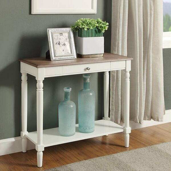 French Country Hall Table Drawer and Shelf in Driftwood and White Wood 54 x 84 Bed Bath