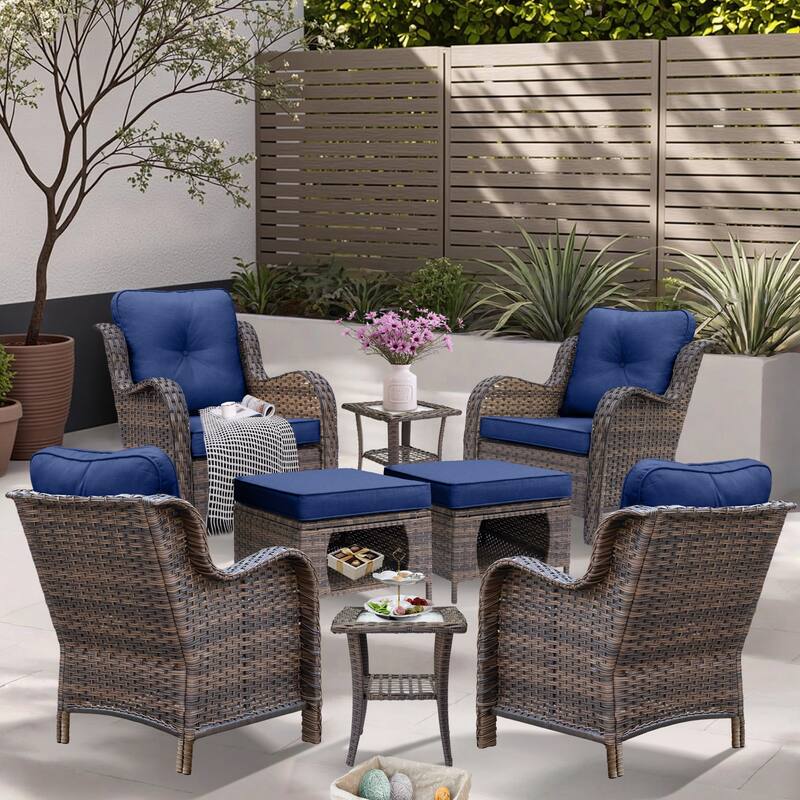 8 Piece Outdoor Wicker Patio Furniture Conversation Chair and Ottoman Set