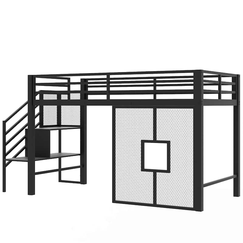 Black Twin Size Metal Low Loft Bed Frame with Storage Staircase and Iron Mesh