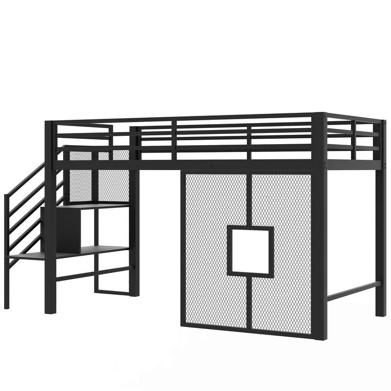 Twin Size Metal Low Loft Bed Frame with Storage Staircase and Iron Mesh
