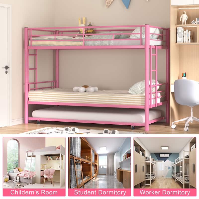 Twin Over Twin Bunk Bed with Trundle, Detachable Twin Bunk Beds w/ 2 Side Ladders & Full-Length Guardrails