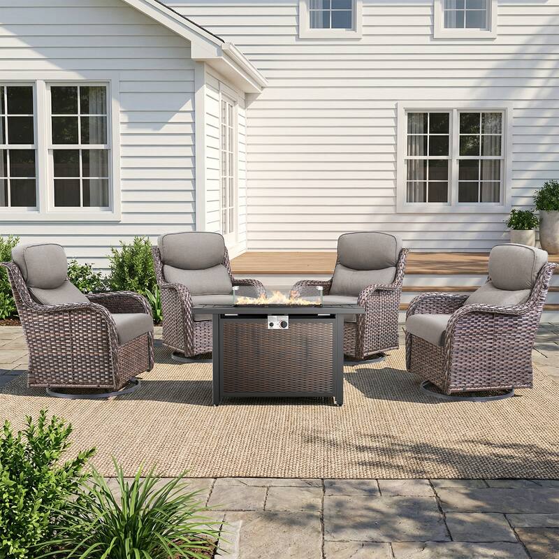 Pocassy 43" Fire Pit Table with Outdoor Swivel Chair Set - Brown Wicker Gray Cushion - 5-Piece Swivel Chair w/ Fie Pit Table