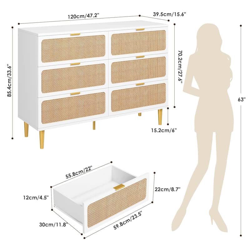 Rattan 6 Drawer Dresser for Bedroom, Large Double Dresser with Deep Drawers, Wooden Chest of Drawers for Closet with Wide Top