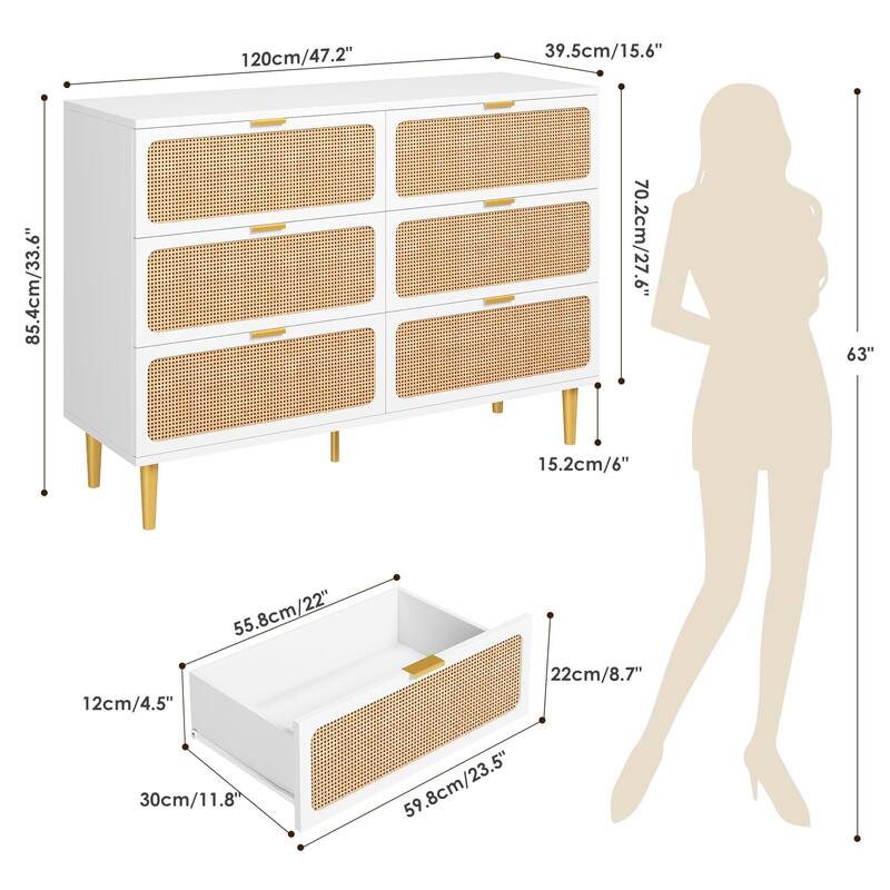 Rattan 6 Drawer Dresser for Bedroom, Large Double Dresser with Deep Drawers