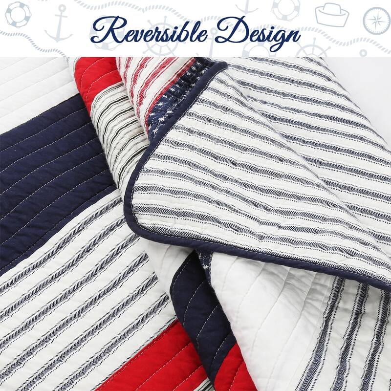 Cozy Line Liberty Patriotic Stripes Reversible Red Blue White Striped Patchwork Cotton Quilt Bedding Set